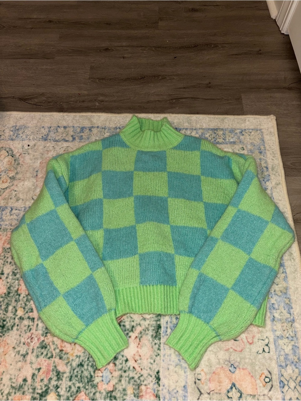 My Michelle Green and Teal Checkered Cropped Sweater